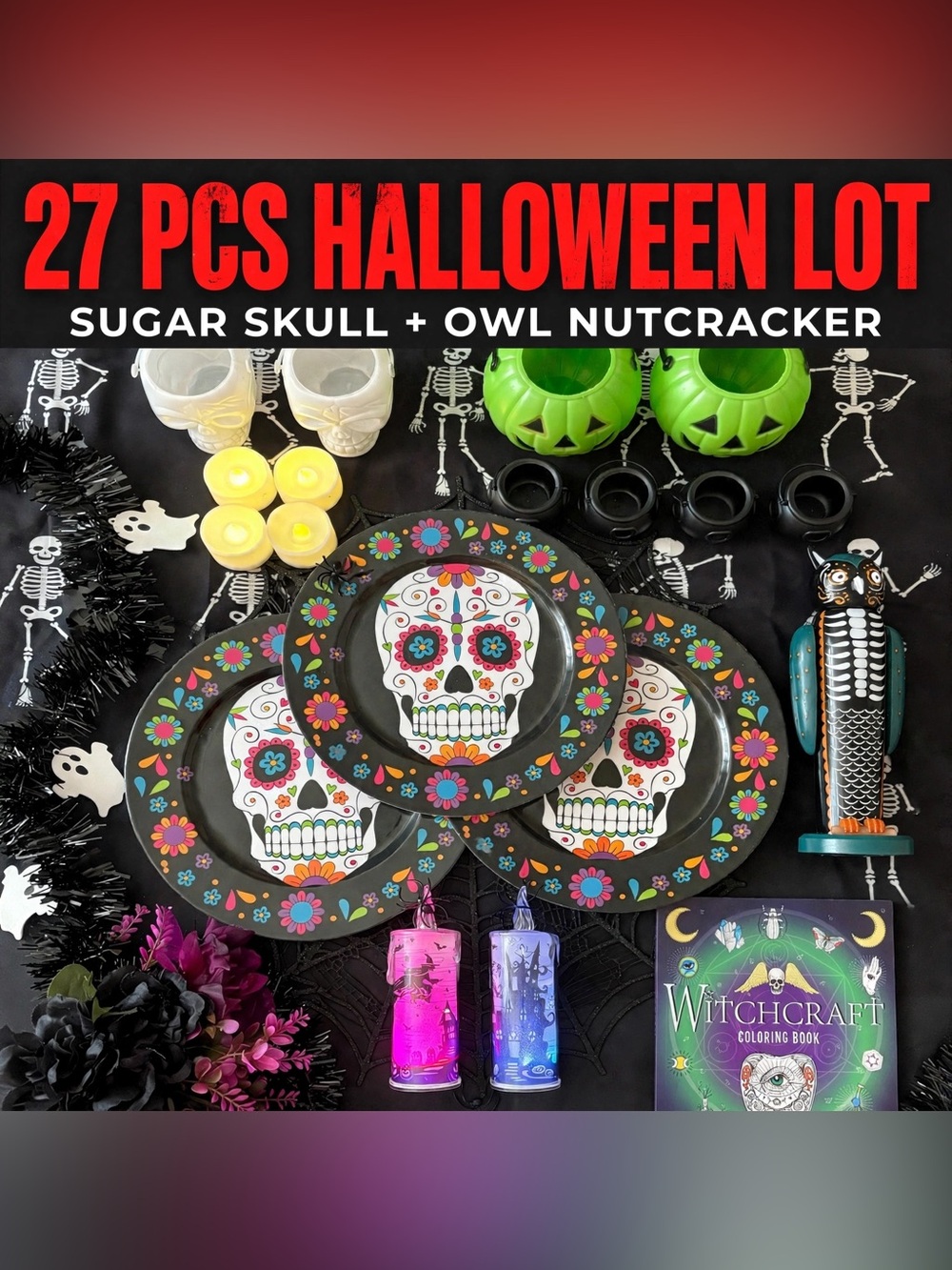Halloween Decor Lot 27 Pcs Sugar Skull Owl Nutcracker